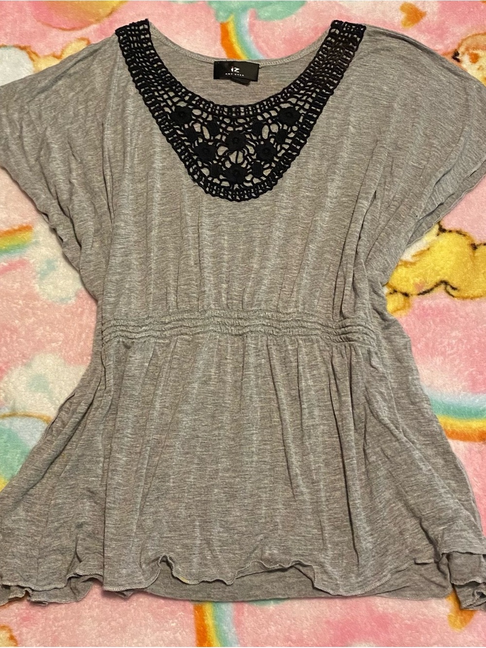 Gray Flutter Sleeve Babydoll Top w/ Crochet Yoke Neckline & Smocked Waist